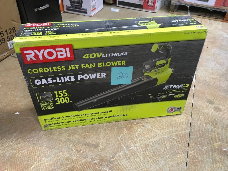 lot 20 image: Ryobi 155 MPH 300 CFM 40 Volt Lithium-Ion Cordless Jet Fan Blower Battery and Charger Included in like New working conditions