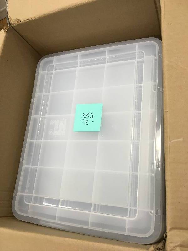 lot 48 image: IRIS Water Tight Storage Box 11 H x 16 W x 19.7 L, 46.6 Qt. Clear not used