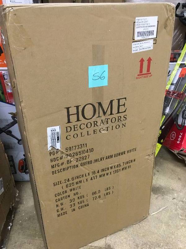 lot 56 image: Home Decorators Collection Oxford Jewelry Armoire, 8-Drawer, White open box never used