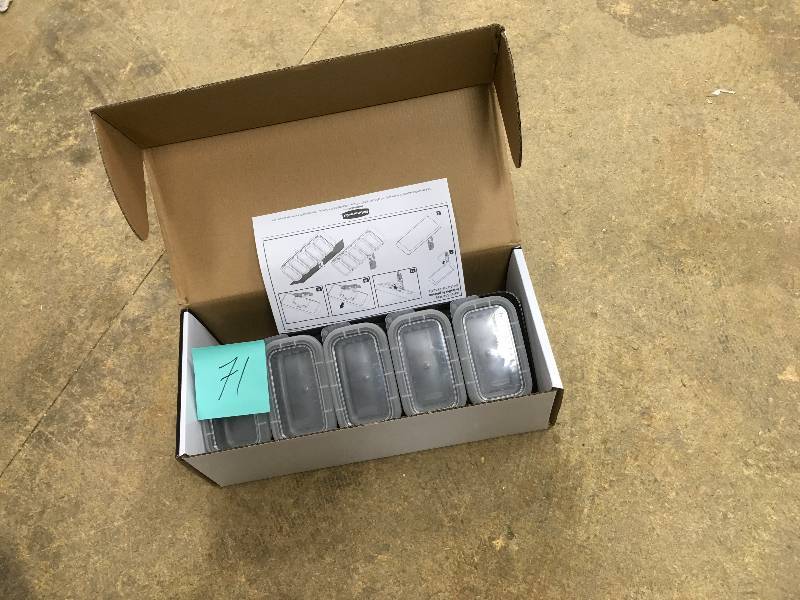 lot 71 image: RubberMaid FastTrack Garage 6-Piece Black Plastic Utility Bin Kit not used