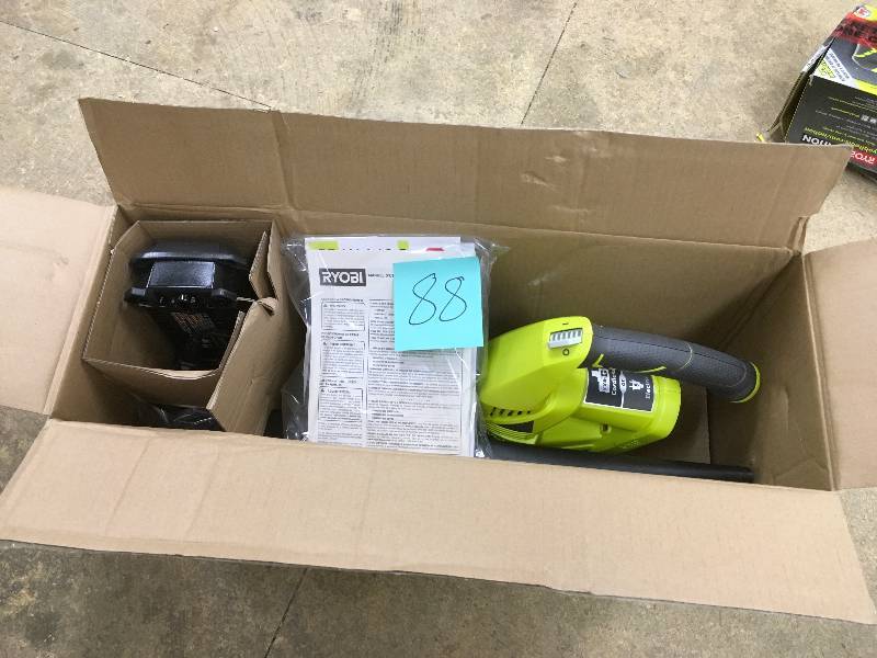 lot 88 image: Ryobi One 150 MPH 200 CFM 18 Volt Lithium-Ion Hybrid Leaf BlowerSweeper Battery and Charger included open box never used