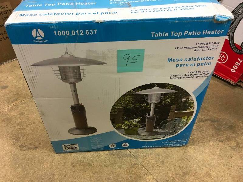 lot 95 image: Gardensun 11,000 BTU Powder Coated Bronze Tabletop Propane Patio Heater not used
