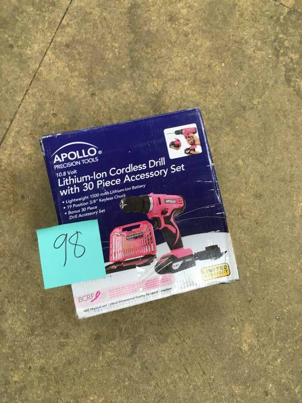 lot 98 image: Apollo Tools 10.8 Volt Lithium-Ion Cordless Drill with 30 Piece Accessory Set not used