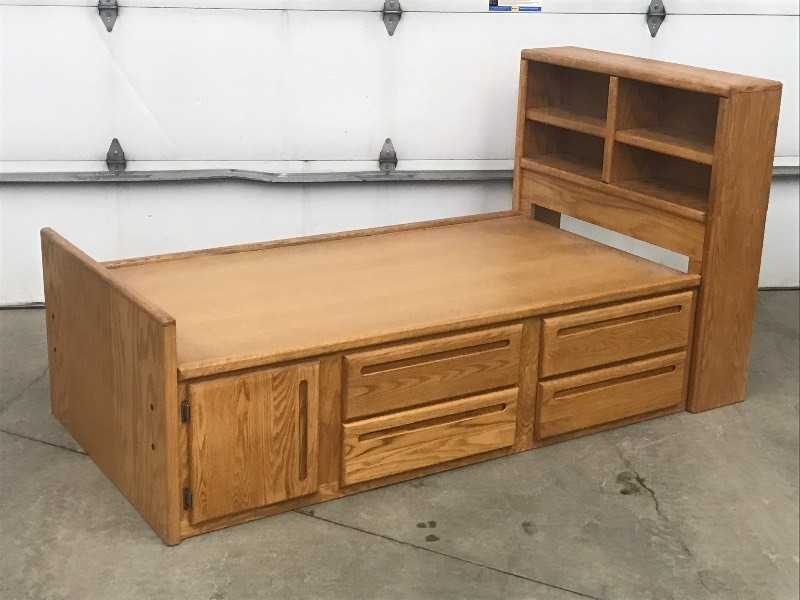 lot 55 image: Oak Full-Sized Captains Bed Set, Us...