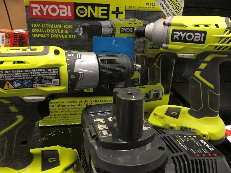 Ryobi 18 Volt One Lithium-Ion DrillDriver and Impact Driver Combo Kit with 2 Batteries, Charger and Bag in like new condition