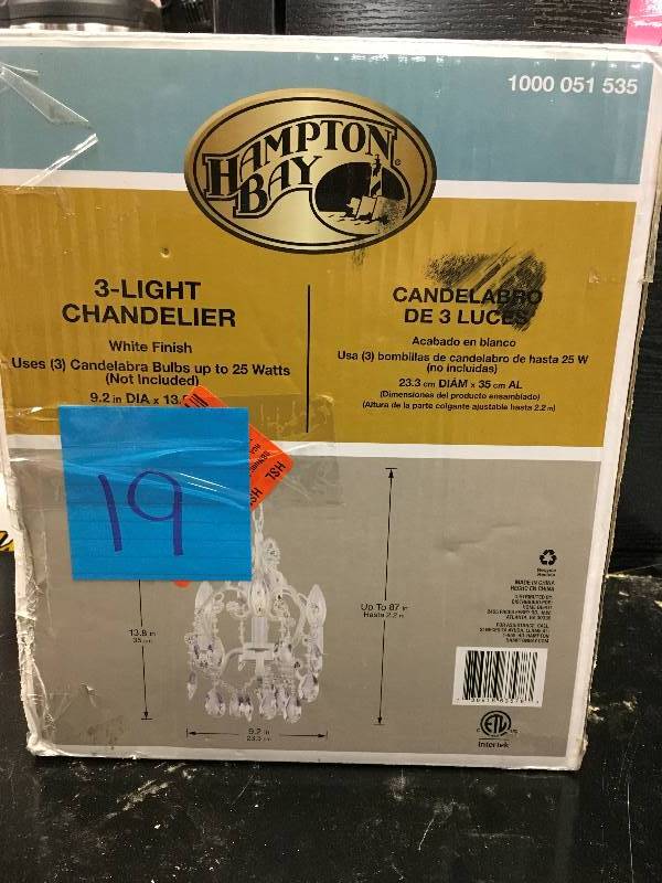 Hampton Bay 3-Light White Mini Chandelier with Crystal Drops and Crystal Bead Strands box not used