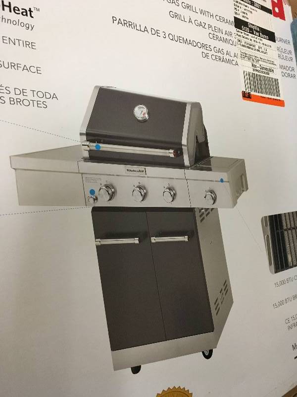 KitchenAid 3 Burner Outdoor Gas Grill with Ceramic Infrared Sear Burner  not used