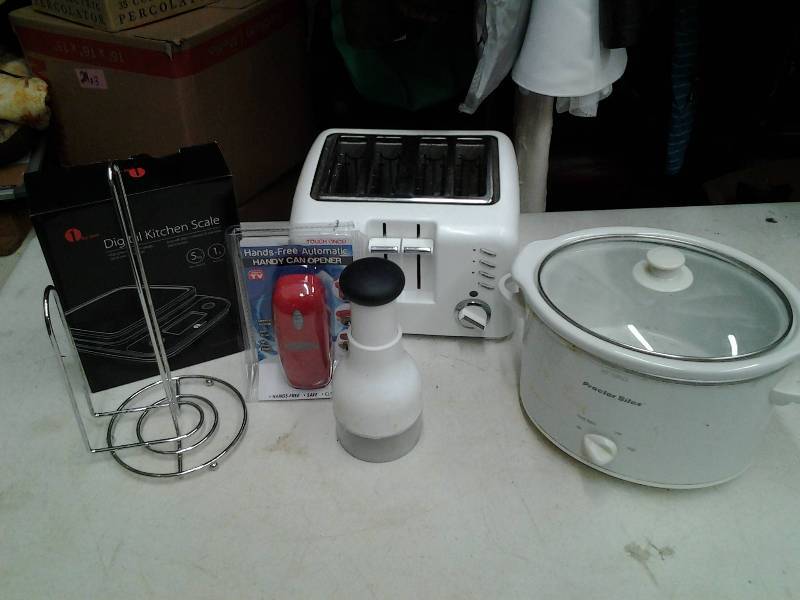 lot 11 image: Digital Scale, Crock Pot, 4-Slice Toaster, Paper Towel Holder, Can Opener