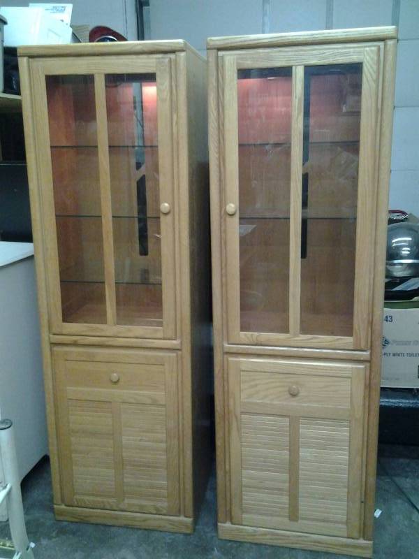 lot 17 image: Pair Of Lighted Media Cabinets With Adjustable Glass Shelves 24x16x75