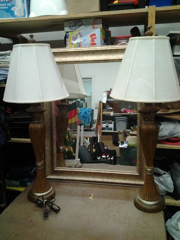 lot 42 image: Pair Of Lamps With Shades 36 Tall, Mirror 36x30