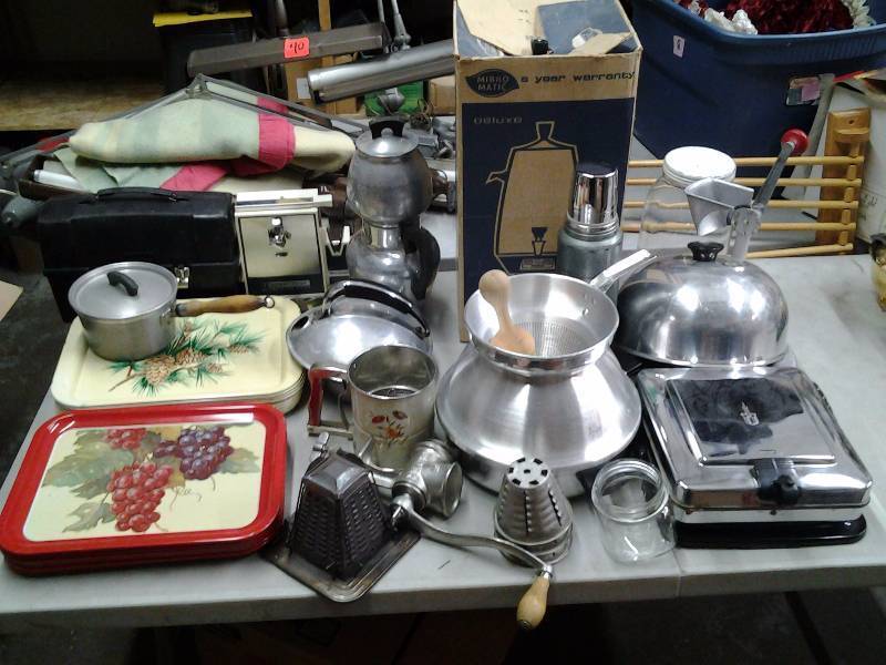 lot 45 image: Large Lot Of Kitchen Related  Coffee Percolator, Waffle Iron, Trays, Grinders, Pots, Pans, Lunch Box & Thermos