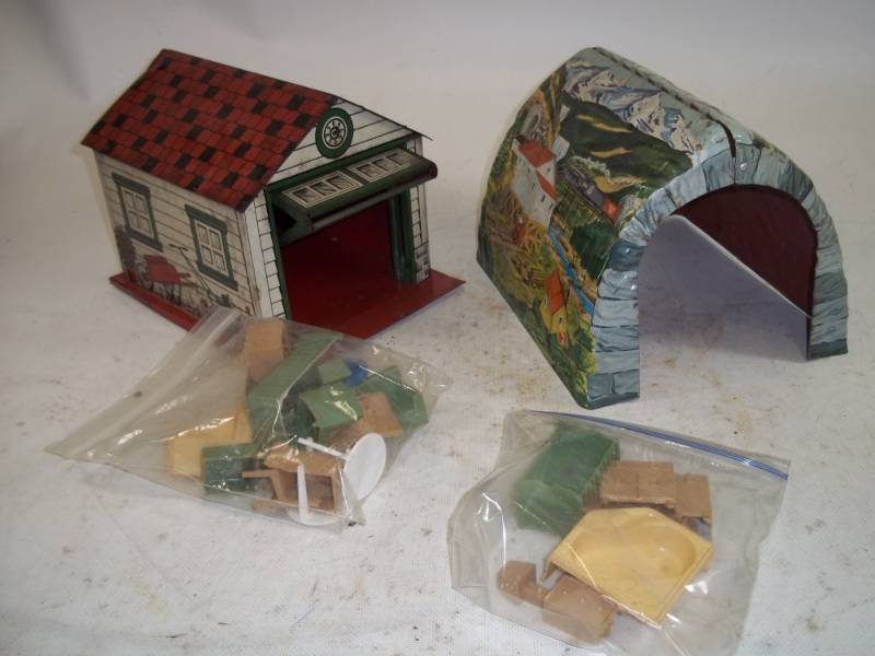 lot 21 image: Pair of Vintage tin barns with house accessories