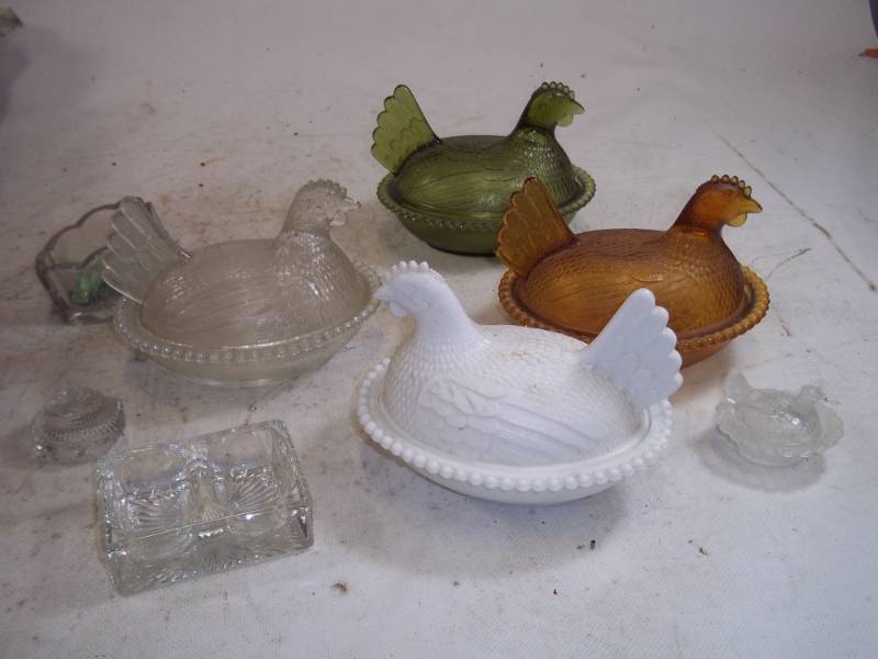 lot 123 image: Glass Hen Containers, Mini Coca-Cola bottles