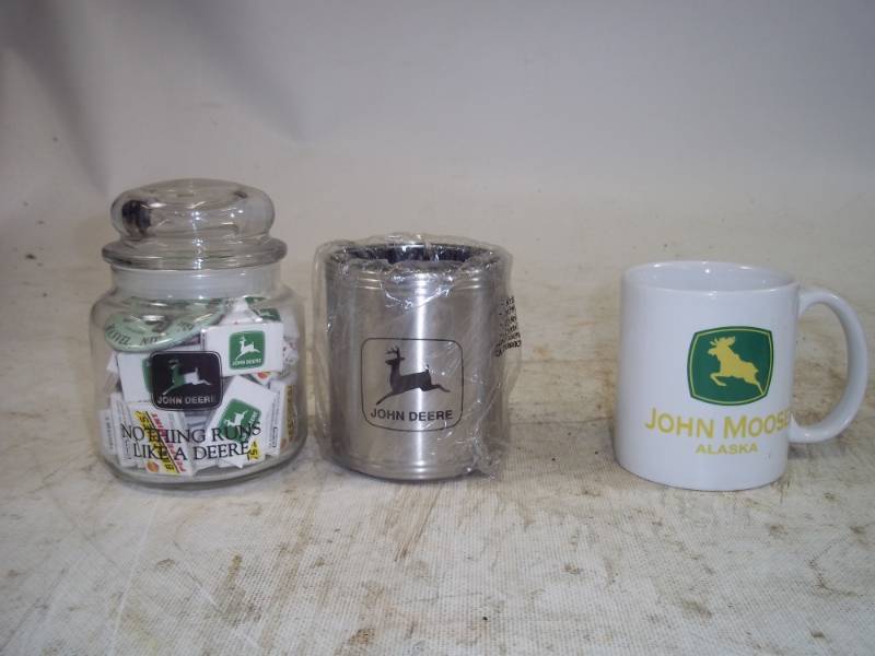 lot 199 image: John Deere Coffee Mug, Can Holder, Jar of Beechies peppermints