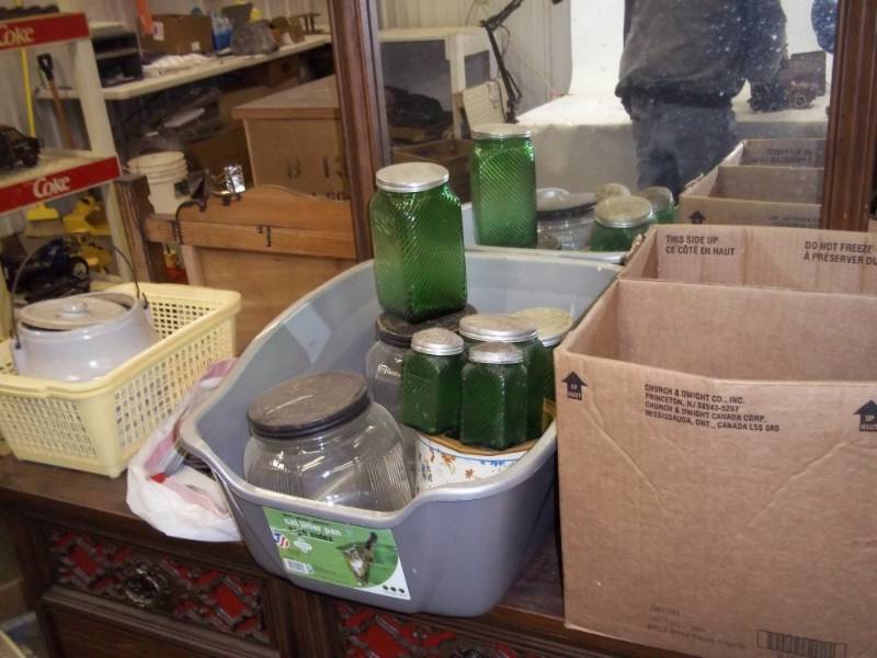 lot 203 image: Vintage Canning lid covers, Assorted glassware
