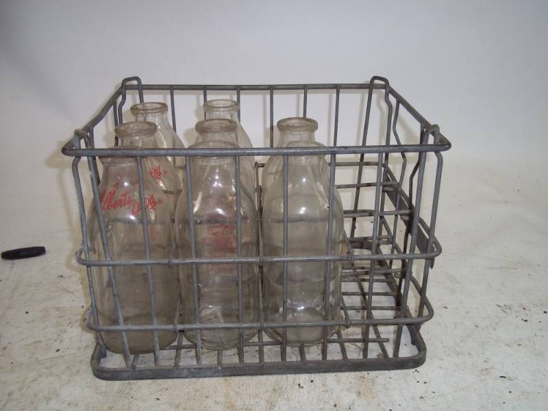 lot 218 image: Vintage Alberts Dairy Milk Bottles and Crate