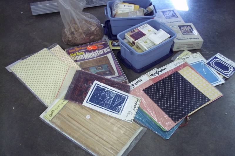 lot 248 image: Large Doll house lot, Dollhouse furniture, Doll house wood flooring, Doll house shingles, Dollhouse wallpaper, Doll house Carpet. Etc.