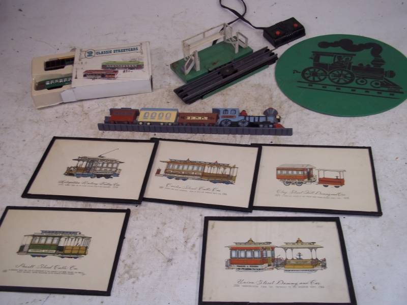 lot 261 image: Vintage 5x7 Train Artwork, Classic Streetcars, Toy Train Passenger Loader