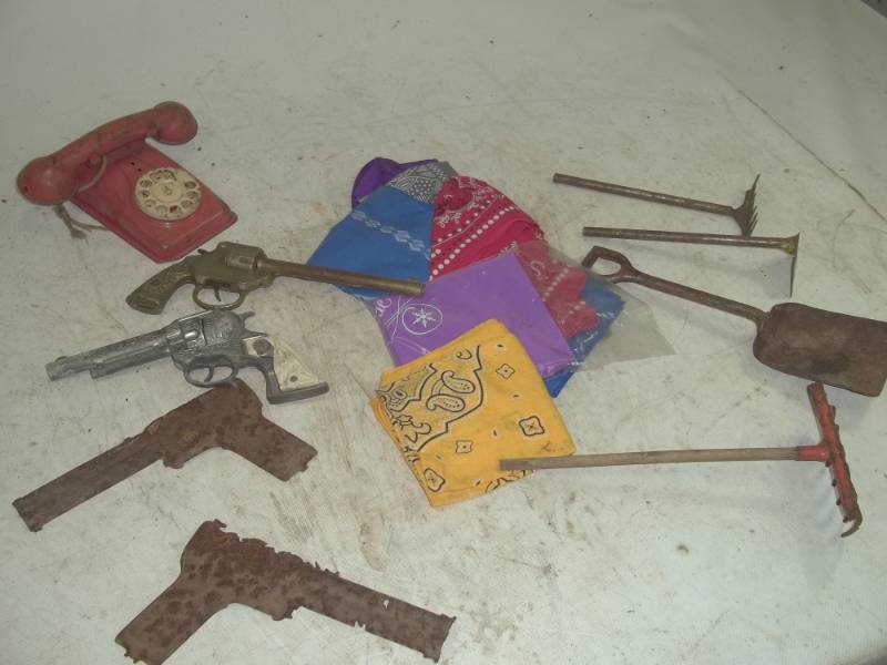 lot 279 image: Vintage Toy Assortment, Vintage Toy Phone Toy Play Guns, Bandanas, Vintage Garden Tools