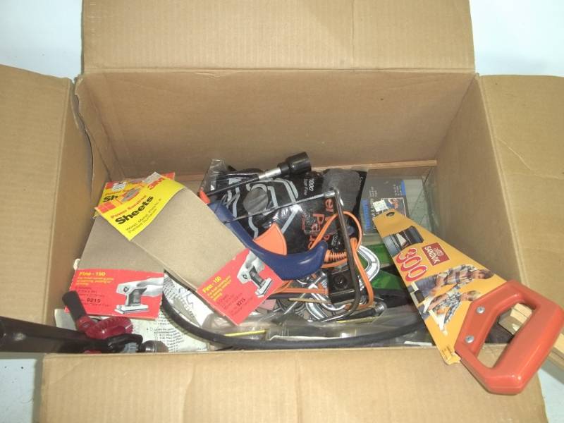 lot 285 image: Box of Assorted Tools, Sand Paper and Glue Gun