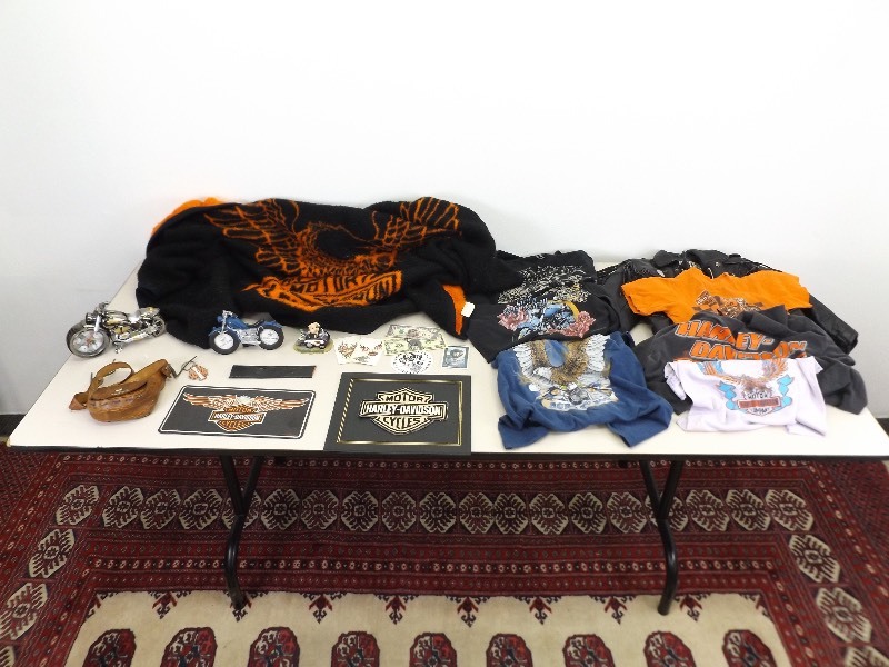 lot 31 image: Lot of Harley Davidson Collectibles, Clothes, Blanket, etc.