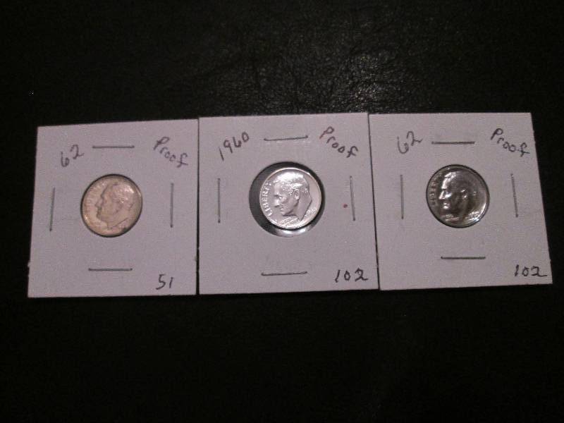 lot 31 image: 1960, and 2 1962 Proof Dimes...