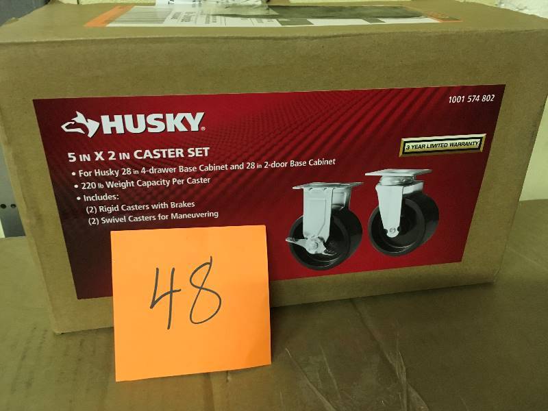 lot 48 image: Husky G0502AC-US 5 in.  X 2 in. Black PP Caster Kit 715 169  open box not used