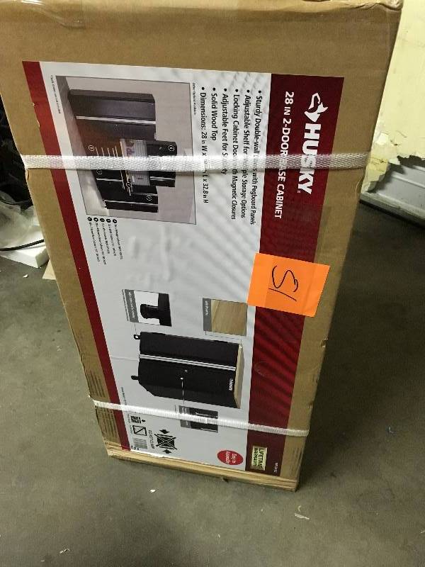 lot 51 image: Husky 32 in. H x 28 in. W x 18 in. D 2 Door Steel Garage Base Cabinet, Smooth Glossy Black Powder Coating  open box not used
