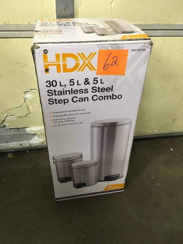 lot 62 image: HDX 30 L, 5 L, & 5 L Stainless Steel Step Trash Can Combo  open box not used