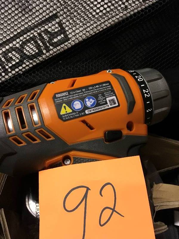 lot 92 image: Ridgid 18 Volt Cordless Lithium-Ion 12 in. Compact DrillDriver with Battery and Charger  open box not used