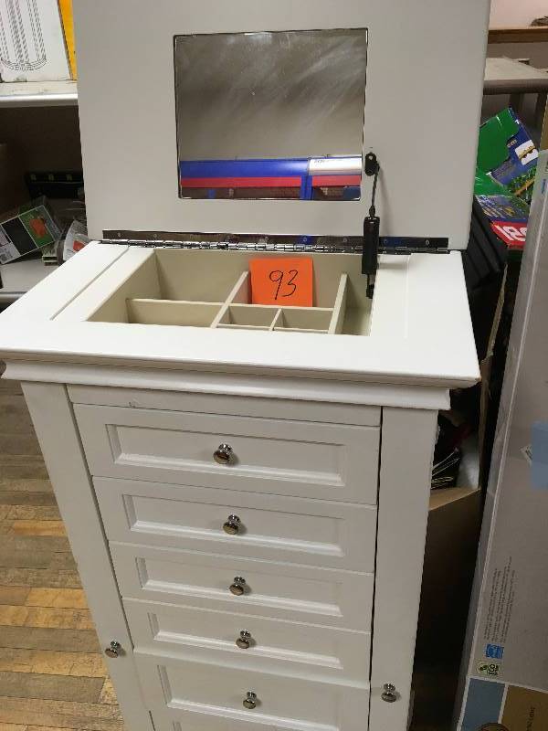 lot 93 image: Acme Furniture Lief Jewelry Armoire in Antique White  open box not used