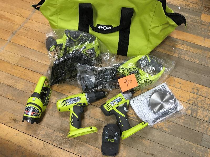 lot 95 image: Ryobi One 18 Volt Lithium-Ion Cordless Combo Kit - 5 Piece  open box not used