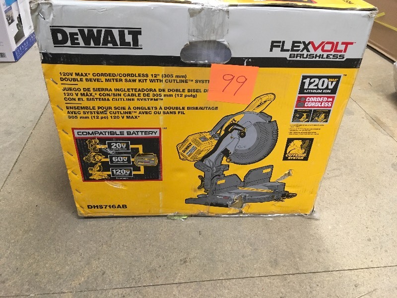 lot 99 image: Dewalt Flexvolt Brushless  cordedcordless double bevel miter saw with cutline system DHS716AB open box not used no batteries are included