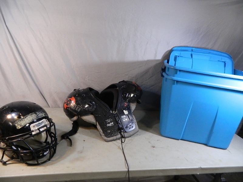 lot 128 image: 2 Totes with Lids and Football Gear