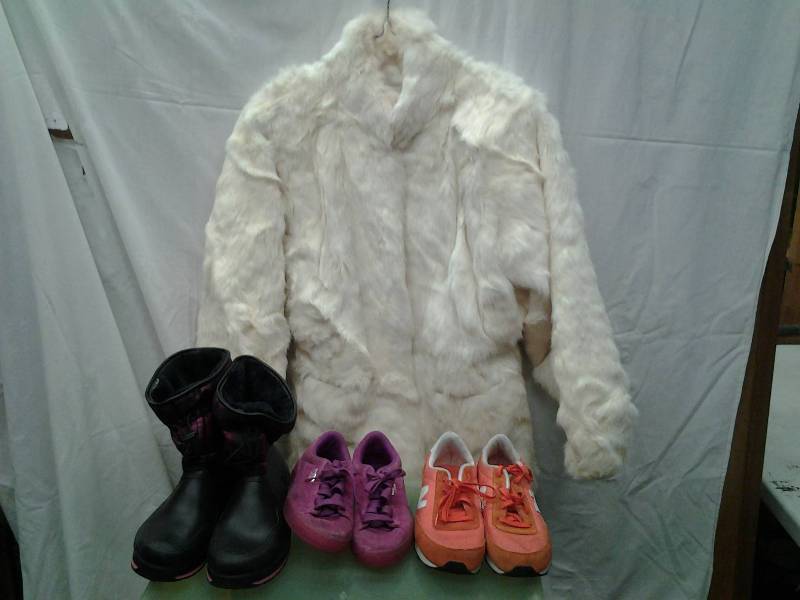 Bermans Rabbit Fur Coat Size S, Boots Size 5, 2-Pair Sneakers Size 4-12