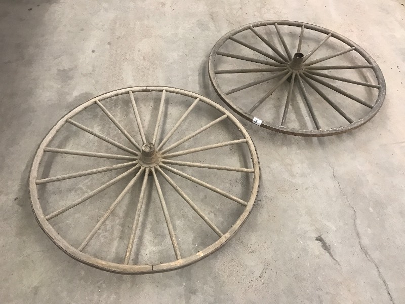 lot 15 image: (2) Antique 46 Wooden Wagon Wheels...