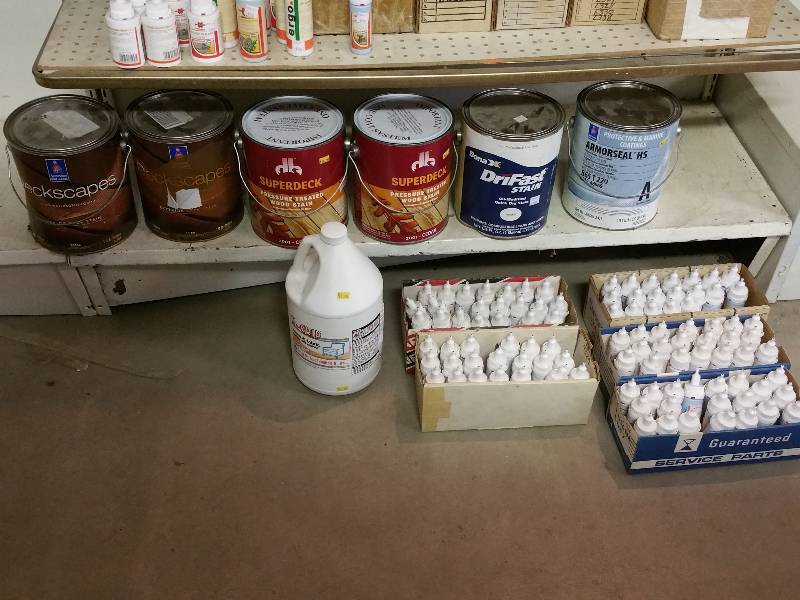 lot 11A image: Deck Stains, Treadlocker, Foam & Fabric Spray Adhesive, etc.