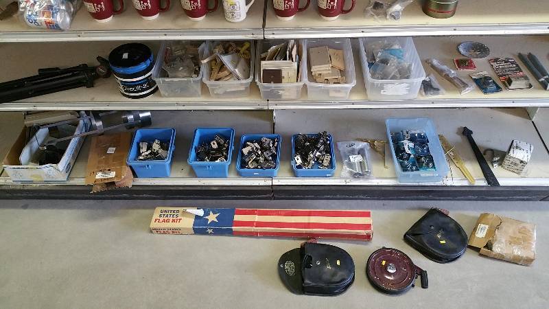 lot 25 image: Flag Kit, Tape Measures, Tripod, Electrical Plates, Hinges, Brackets, Stainless Steel Legs, etc.