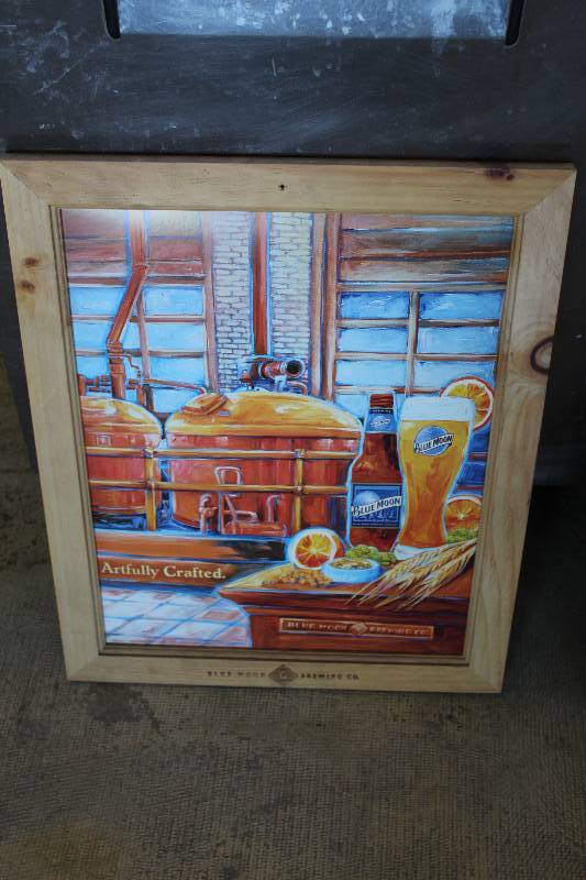 lot 23 image: Blue Moon Artfully Crafted Beer 2-Sided Poster w Frame