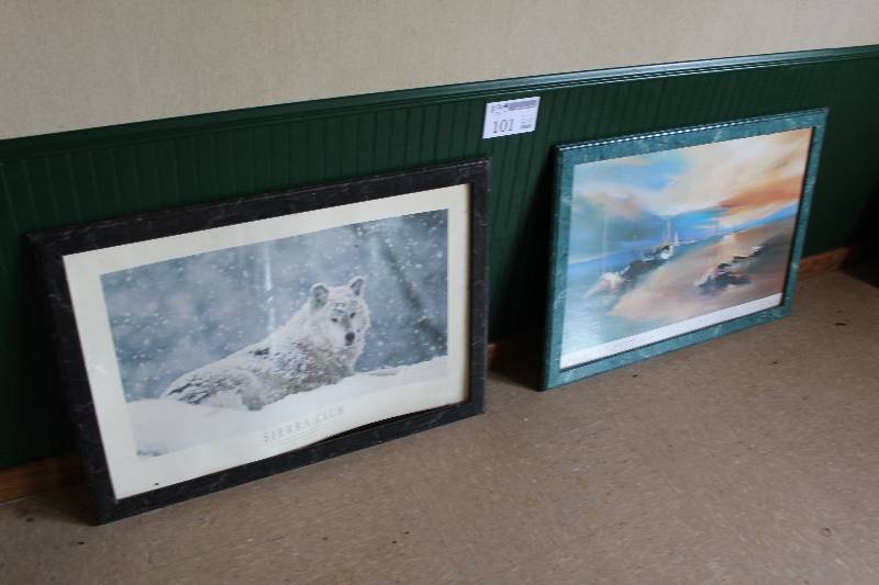 lot 101 image: Lot of (2) Framed Wall Art - Sierra Club Winter Wolf , Janine Schmidtt Sailing