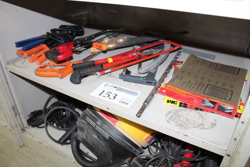 lot 153 image: Hack Saws, Drill Bits, Sandpaper, Bolt Cutters, Crimp Tools, And More