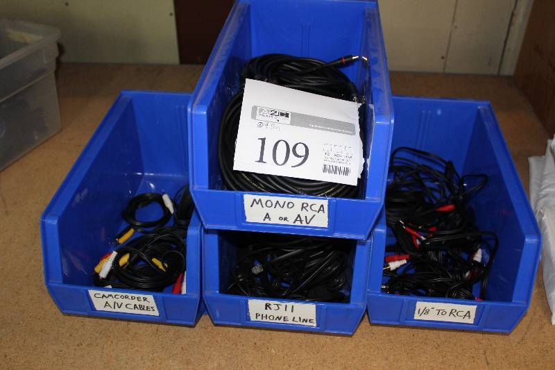 lot 109 image: Lot of (4) Plastic Bins of AV Cables - Camcorder AV, Mono RCA AAV, RJ11 Phone Line, RCA