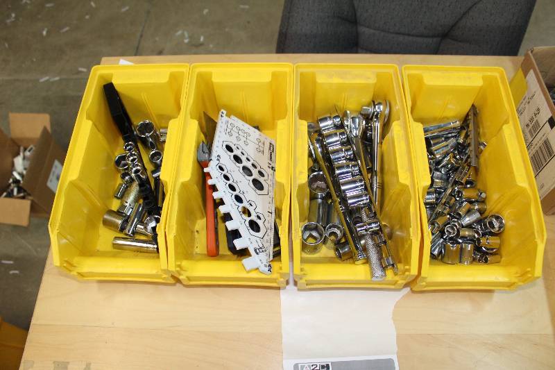 lot 211 image: Lot of (4) Plastic Bins of Tools - Sockets, Ratchet, Scrapers, Size Gauge, And More
