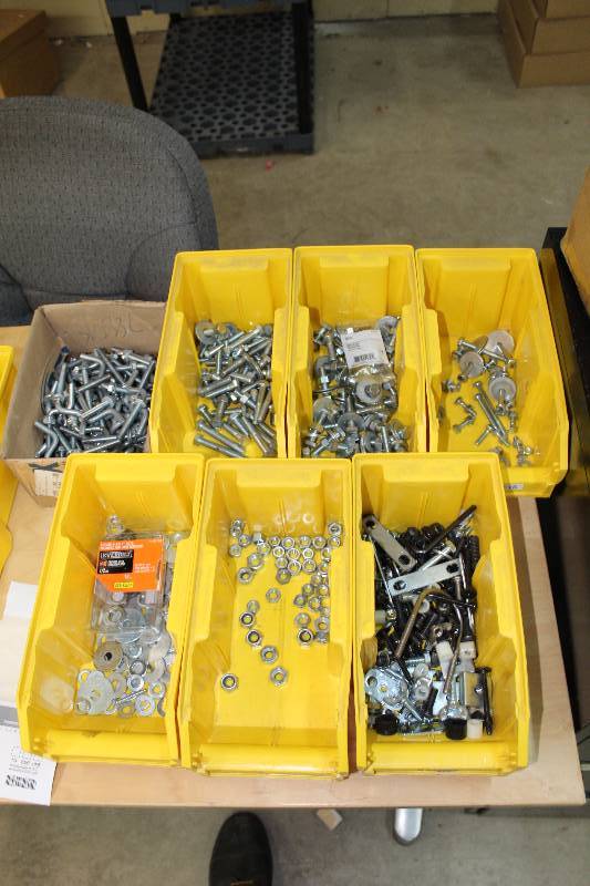 lot 212 image: Lot of (6) Plastic Bins of Hardware - Nuts, Bolts, Washers, Brackets, And More