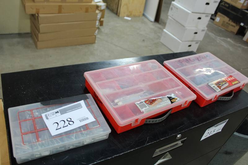 lot 228 image: Lot of (3) Plastic Compartment-ed  Bins with Nuts, Bolts and More