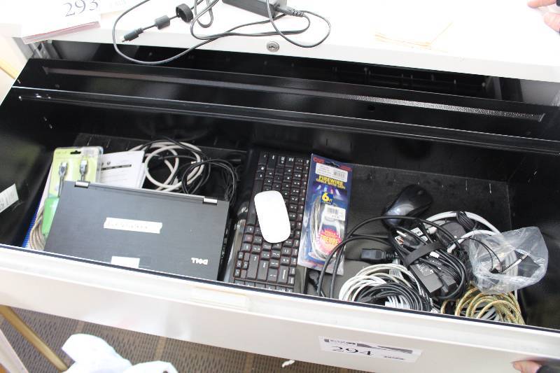 lot 294 image: Misc Computer - Dell Latitude Laptop w Bad Wireless, Keyboard, Power Cords, External Drives, And More