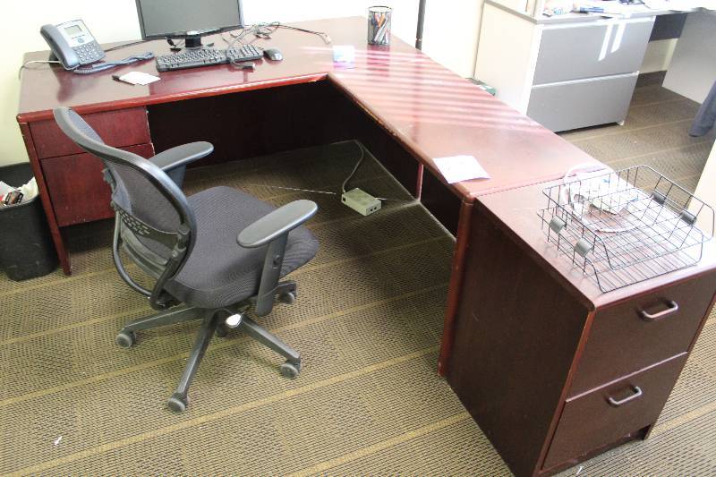 lot 298 image: L-Shaped Office Desk, Rolling Office Chair, 2-Drawer Matching File Cabinet