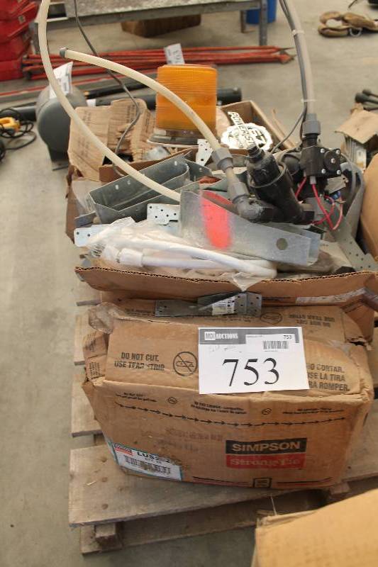 lot 753 image: 12 Pallet Lot of Hardware - Simpson StrongTie Fasteners, Emergency Beacon, And More