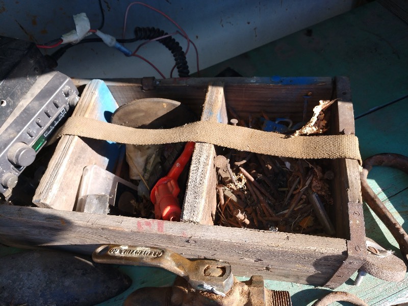 lot 81 image: Anchor, Wood Box and Contents, Wheel Bearing-Like Wheel, Rockwell Hose Bibb