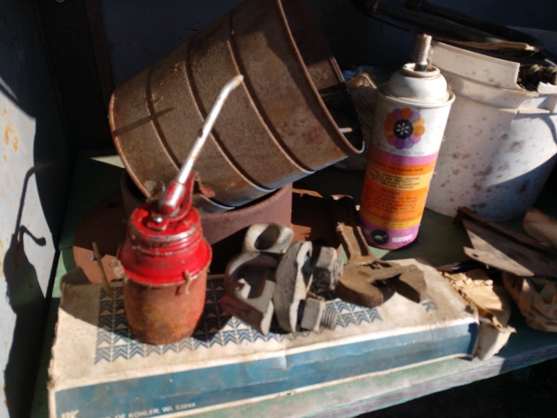 lot 82 image: Coffee Can and Contents, White Bucket and Contents, Pleasant Valley Wood Crate and Contents, Oil Can